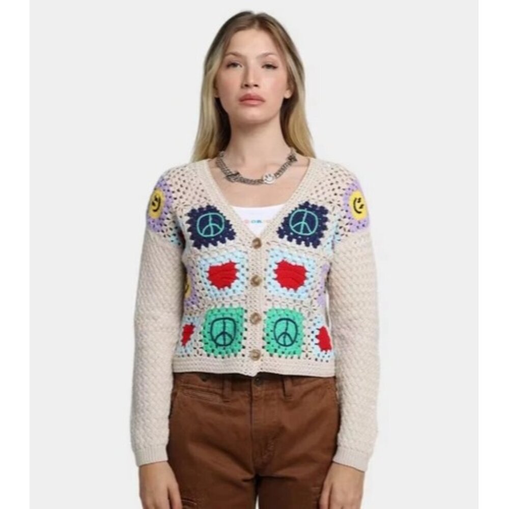 Guess Originals J Balvin Ribbed Trim Cardigan Sweater Women's Medium Cream